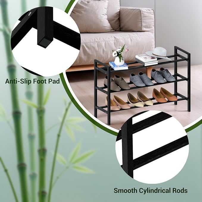 Haddockway Bamboo Shoe Rack for Closet, Free Standing Shoe Organizer with Smooth Round Rods & Convenient Handles, Stackable Shoe Storage Shelf for Entryway, Hallway(Black, 3-Tier)