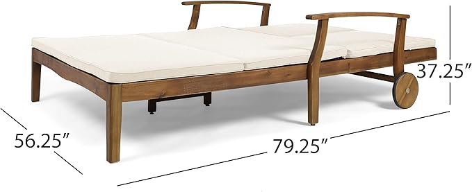 Great Deal Furniture Samantha Double Chaise Lounge for Yard and Patio, Acacia Wood Frame, Teak Finish with Cream Cushions, (307569)