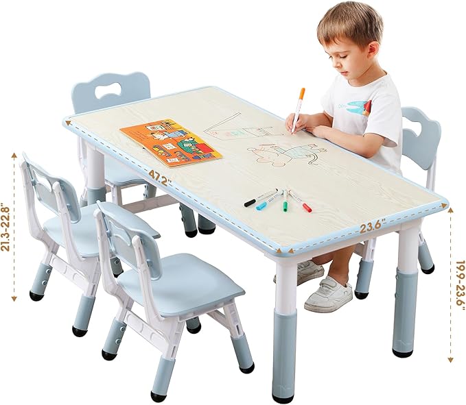 Kids Table and Chairs Set, Height Adjustable Desk With 6 Seats for Ages 3-12,Arts & Crafts Table,Graffiti Desktop, Non-Slip Legs, Max 300lbs, Children Multi-Activity Table for Classrooms,Daycares,Home