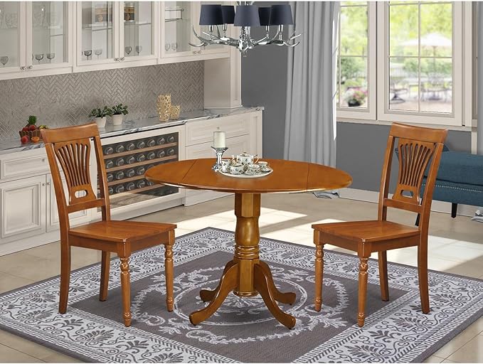 East West Furniture DLPL3-SBR-W 3 Piece Dining Table Set for Small Spaces Contains a Round Dining Room Table with Dropleaf and 2 Wood Seat Chairs, 42x42 Inch, Saddle Brown