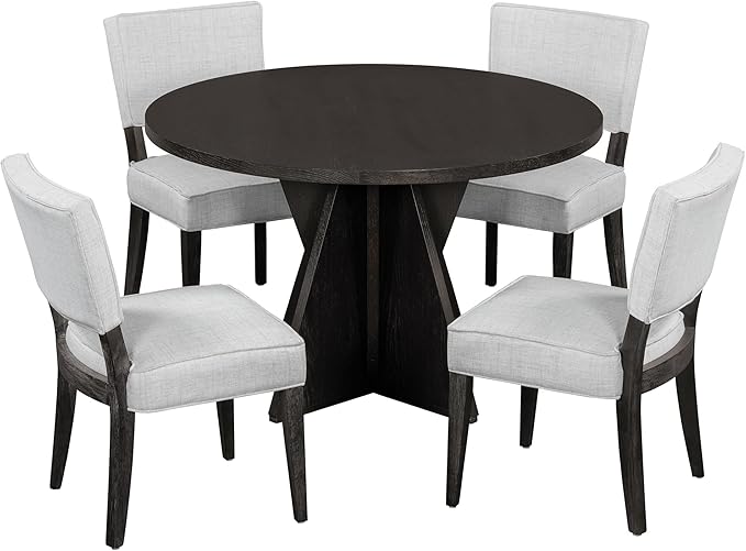 Ball & Cast Retro Dining Table Set for 4 with 4 Upholstered Chairs,5-Piece Wooden Living Room Furniture W/ 47" Round Dining Table and Designed Base,for Small Space,Apartment,Dining Room,Espresso