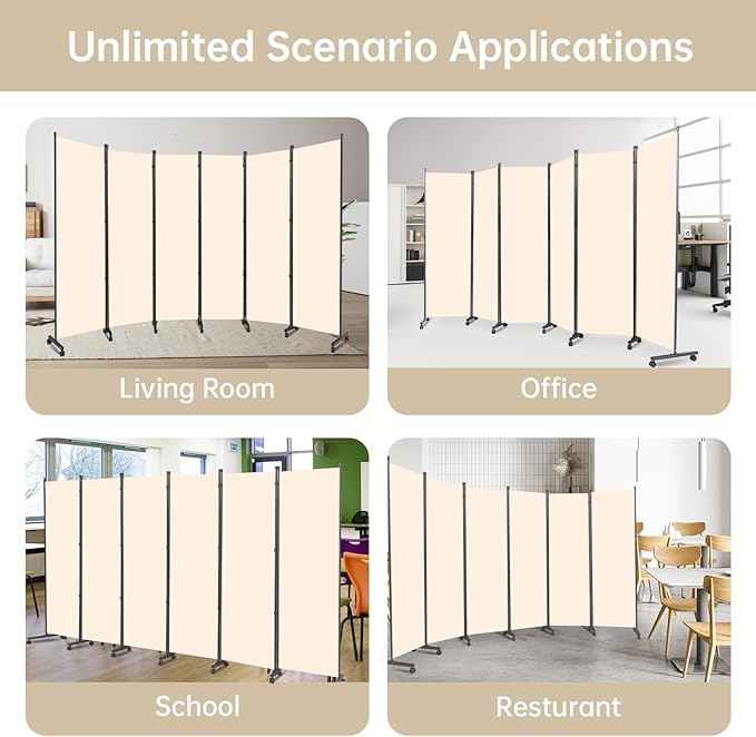 Room Divider 6 Panel Room Dividers/Wheels, Fabric Room Divider Panel for Office Room Partitions and Dividers, Portable Partition Wall Divider for Room Separation, Privacy Screen (Cream, Wheel-132'')