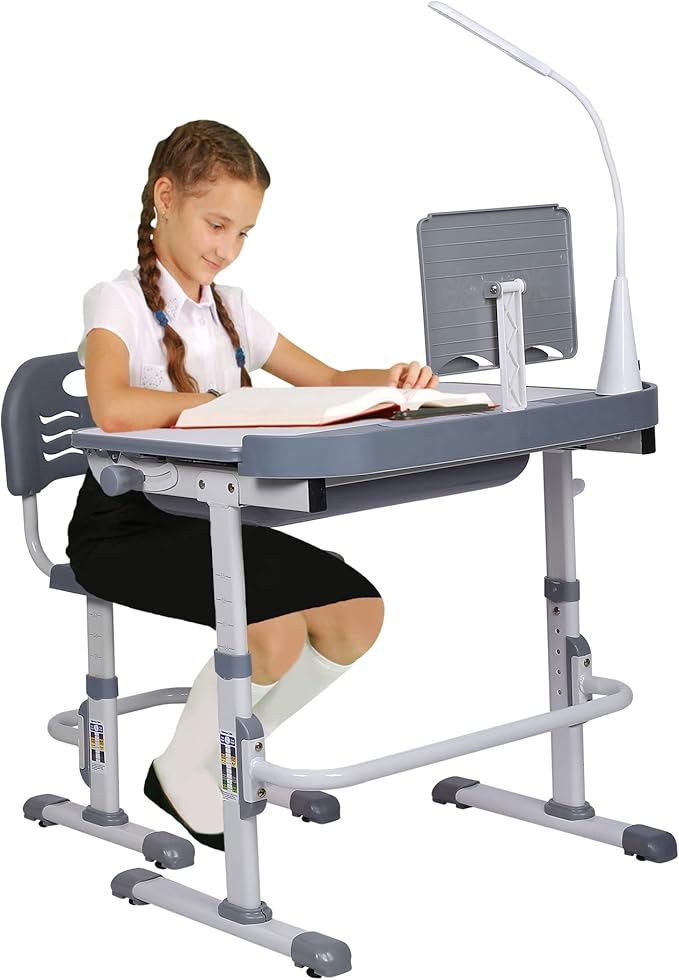 Kids' Desk and Chair Set, Height Adjustable Child's School Study Writing Tables with Tilt Desktop, LED Light, Storage Drawer, Book Stand(Grey)