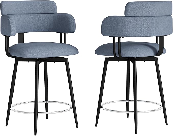 Swivel Bar Stools Set of 2, Counter Height Bar Stools with Ergonomic Full Back, Upholstered Linen Fabric Barstools with Chrome Metal Footrest for Kitchen Island, Dining Room