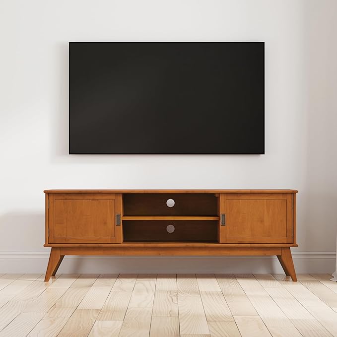 SIMPLIHOME Draper Solid Hardwood 72 inch Wide Mid Century Modern TV Media Stand in Teak Brown for TVs up to 80 inches for The Living Room and Entertainment Center