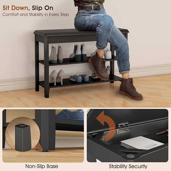 Shoe Rack Bench Seat Rubberwood 2-Tier Wooden Storage Bench 560lbs Compact Mid-Century Modern Design for Entryway, Hallway, Closet, Front Door Entrance, Foyer