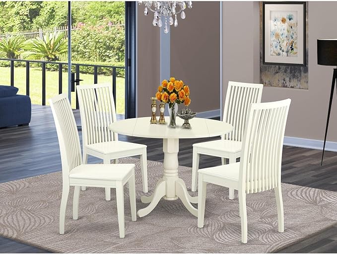 East West Furniture DLIP5-LWH-W 5 Piece Kitchen Table & Chairs Set Includes a Round Dining Table with Dropleaf and 4 Dining Room Chairs, 42x42 Inch, Linen White