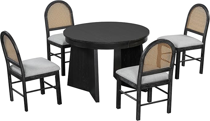 Ball & Cast Retro 5 Pieces Dining Table Set with 4 Upholstered Chairs,Kitchen Table and Chairs for 4 W/ 58" Round Extendable Kitchen Desk,for Small Space,Apartment,Dining Room,Espresso