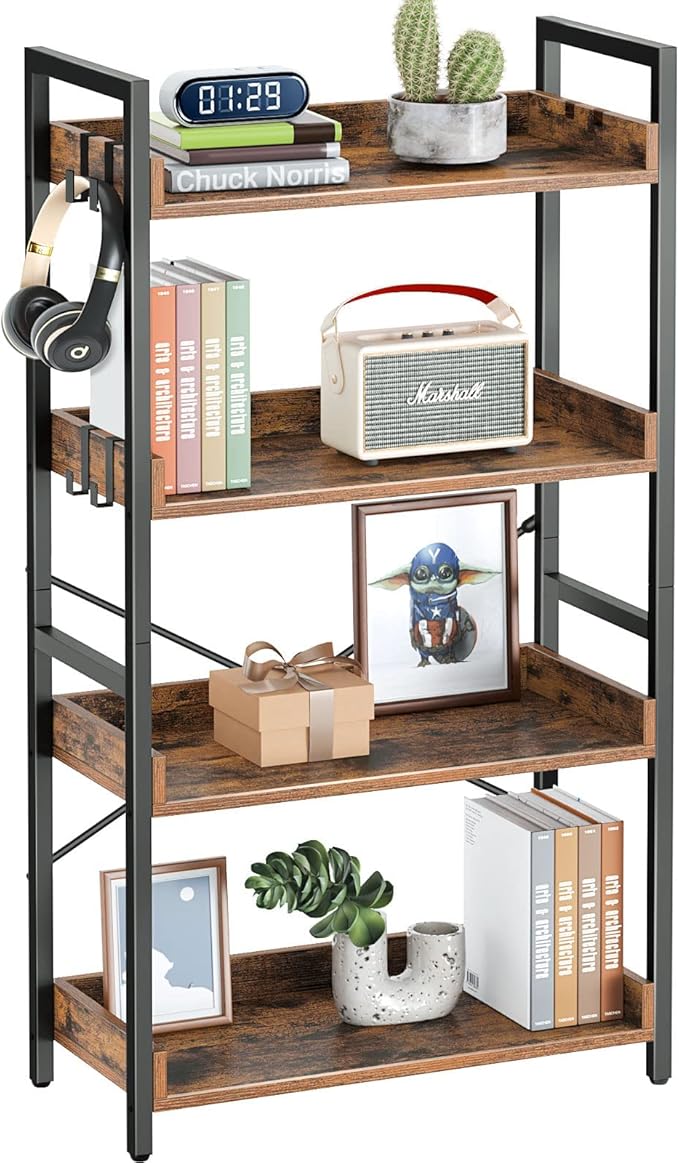 Rolanstar Bookshelf 4 Tier with 4 Hooks, Industrial Bookcase, Vintage Storage Rack with Open Shelves, Rustic Standing Bookshelves Metal Frame Display Rack for Living Room, Bedroom, Rustic Brown