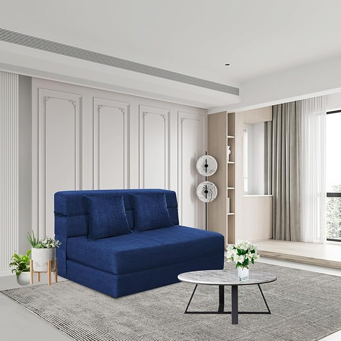 60 Inch Folding Sofa Couch Memory Foam with Pillow Convertible Sleeper Mattress Futon Lazy for Living Room,Washable Cover,Queen Size,Dark Blue