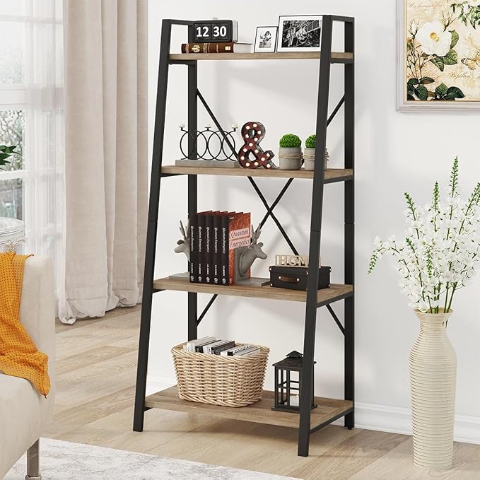 BON AUGURE Farmhouse Ladder Shelf Bookcase, 4 Tier Rustic Ladder Bookshelf, Standing Leaning Book Shelves for Living Room (Vintage Oak)