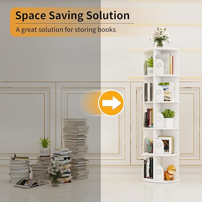Hestiasko 5 Tier Rotating Bookshelf, 360 Rotating Bookcase, Spinning Bookshelf Tower for Kids & Adults, Corner Book Shelf for Small Space, Revolving Bookcase for Bedroom, Living Room, White