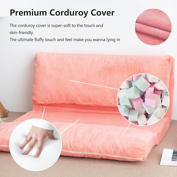 N&V L92×W58 Inch Large Folding Matress Sofa Bean Bag, Foam Filling Folding Matress Sofa, Includes Removable and Machine Washable Cover, Patent No.: US D1,018,079 S (Salmon Pink, Large Corduoy), 94024