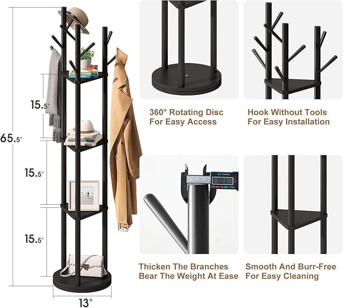 FILWH Bamboo Coat Rack Rotary Freestanding with Shelf Coat Tree Stand for Hallway Entryway with 9 Hooks and 3 Storage Shelves (Black)