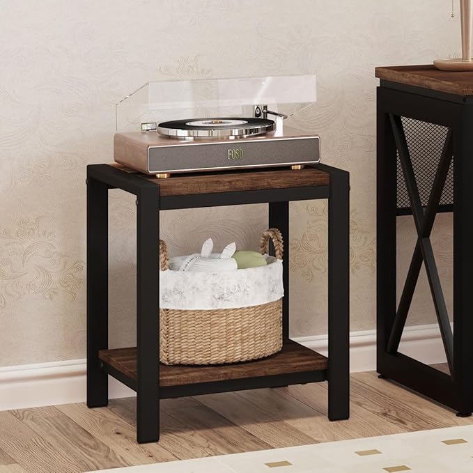 BON AUGURE End Table, Small Side Table for Living Room, Night Stand, Bedside Tables with 2-Tier Storage Shelves for Bedroom, Small Spaces (Rustic Oak)