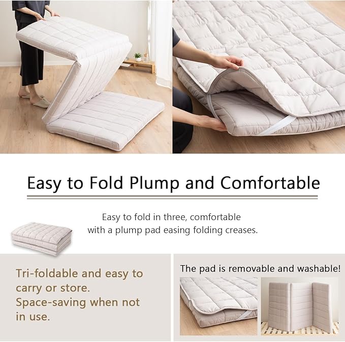 EMOOR Japanese Tri-fold Futon Mattress Machi with Mattress Pad King Gray, Gusset Foldable Storable Washable Floor Sleeping Guest Bed Tatami Mat