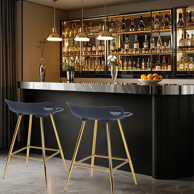 Sidanli Black Bar Stools, Barstool Set of 2, Counter Height Chairs with Gold Metal Legs, Island Chairs with Leather Cushion Seats & Footrests, 26” Bar Stools for Kitchen Island, Home Bar