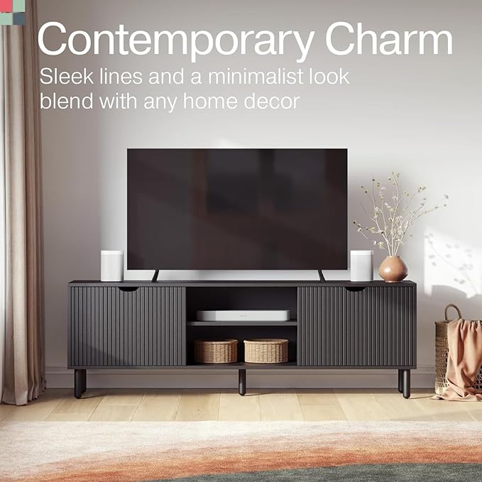 Fluted TV Stand - 70-Inch Fluted Black Wood - TV Console Table & Entertainment Center with Storage - Soft-Close Doors, Adjustable Shelves & Cable Management