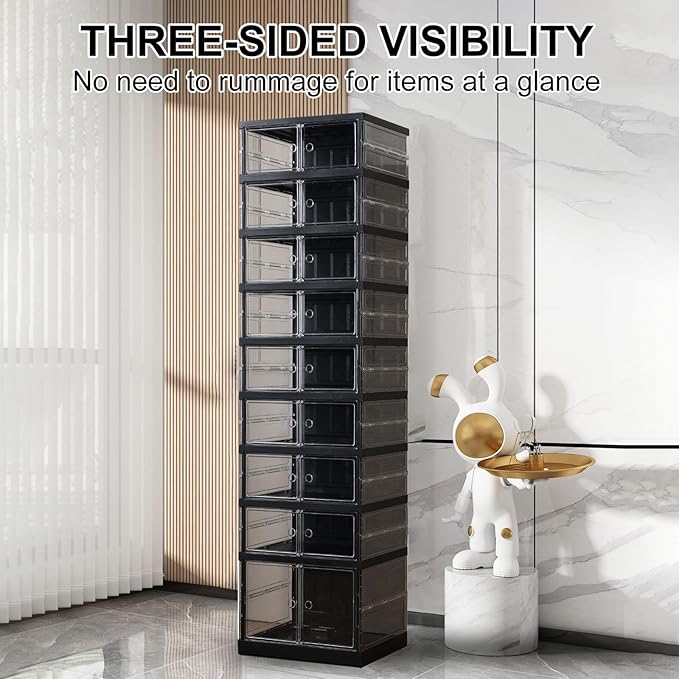 ELPHECO 9 Tier 18 Pairs Foldable Shoe Rack - Clear Shoe Rack Organizer, Folding Entryway Shoe Cabinet, Collapsible Sneaker with Magnetic Doors, Stackable Shoe Shelf,Three-Sided Clear Shoe Box, Black