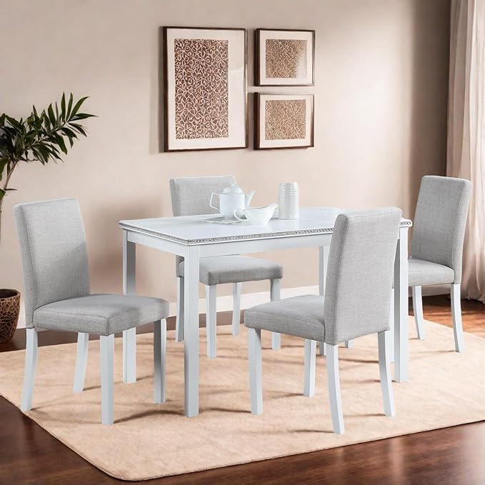 Dining Table Set for 4, 5-Piece Dining Room Table Set with Rectangular Crystal Decoration Table & 4 Upholstered Backrest Chairs, Counter Height Kitchen Sets with MDF Tabletop, White