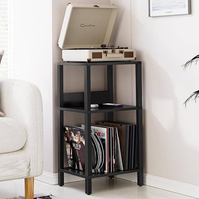 TUTOTAK Record Player Stand with Storage Up to 100 Albums,Record Storage Table,3 Tier End Table,Side Table for Living Room, Bedroom, Black TB01BK075