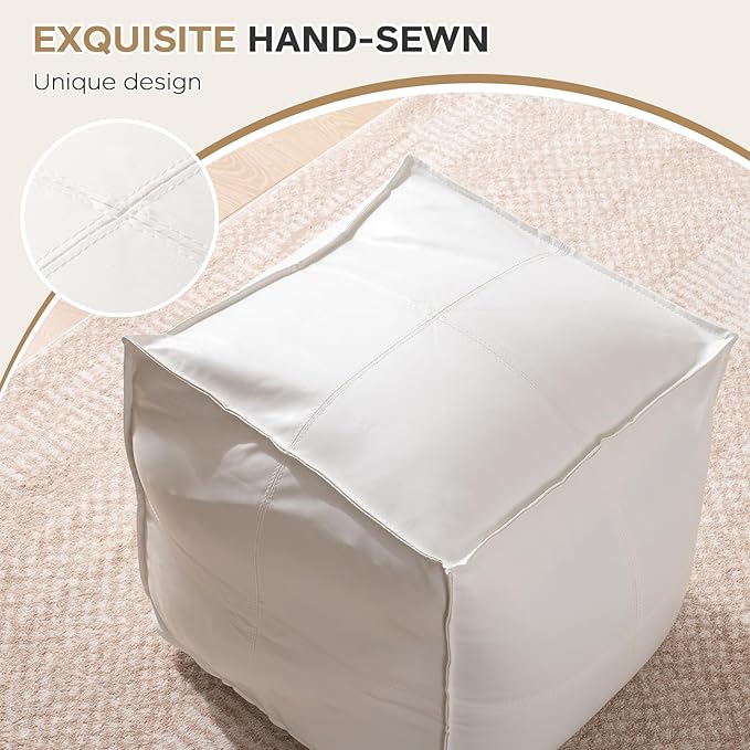 Unstuffed Pouf Ottoman Cover (Only Cover No Filler), 17.7x17.7 inch Faux Leather Moroccan Poofy Ottomans Cover, footrest Square White Footstool with Storage Waterproof Easy Cleaning for Living Room