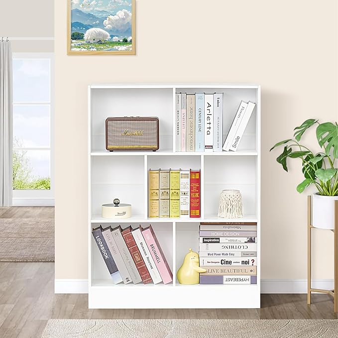 YAHARBO White 7 Cube Bookshelf,3 Tier Modern Horizontal Bookcase,Wooden Low Book Shelf Display Storage Cabinet with Base,Floor Standing Short Bookshelves Open Organizer for Bedroom,Living Room,Office