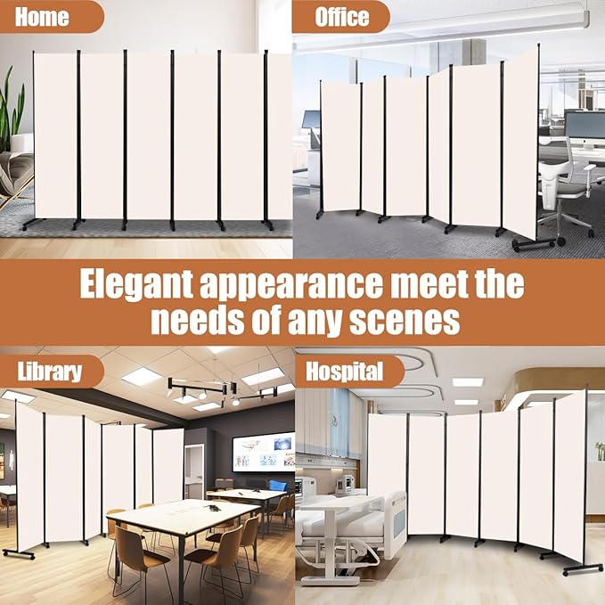 Room Divider Portable 132'' Partition Room Dividers and Folding Privacy Screens 6 Panel Wall Divider for Room Separation, Freestanding Fabric Room Divider Panel with Wheels for Home Office Hospital