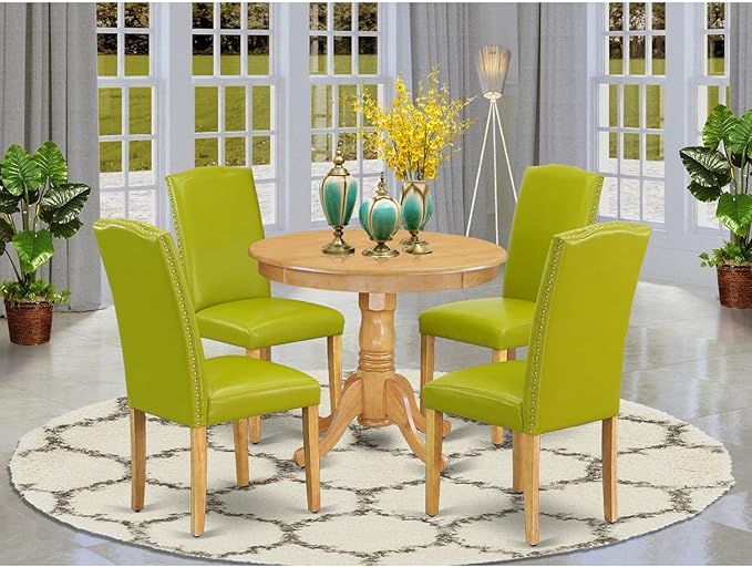East West Furniture ANEN5-OAK-51 5 Piece Dinette Set Includes a Round Dining Table with Pedestal and 4 Autumn Green Faux Leather Upholstered Parson Chairs, 36x36 Inch, Oak