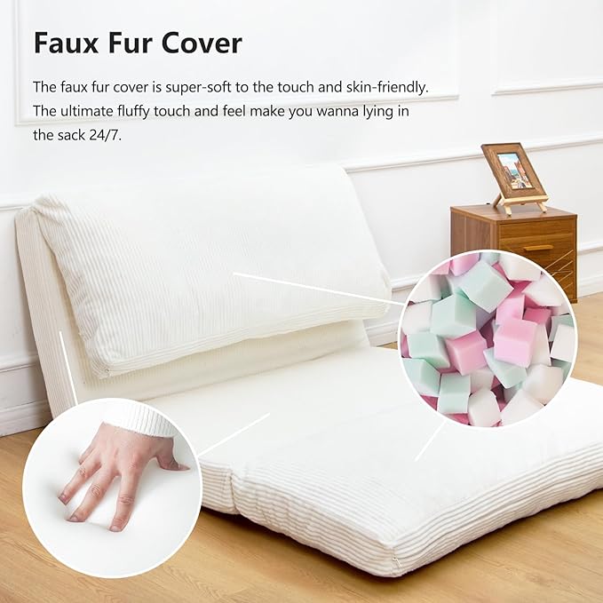 N&V Folding Matress Sofa Bean Bag Bed, Foam Filling Folding Matress Sofa, Includes Removable and Machine Washable Cover, Soft Premium Corduroy (Medium, Ivory)