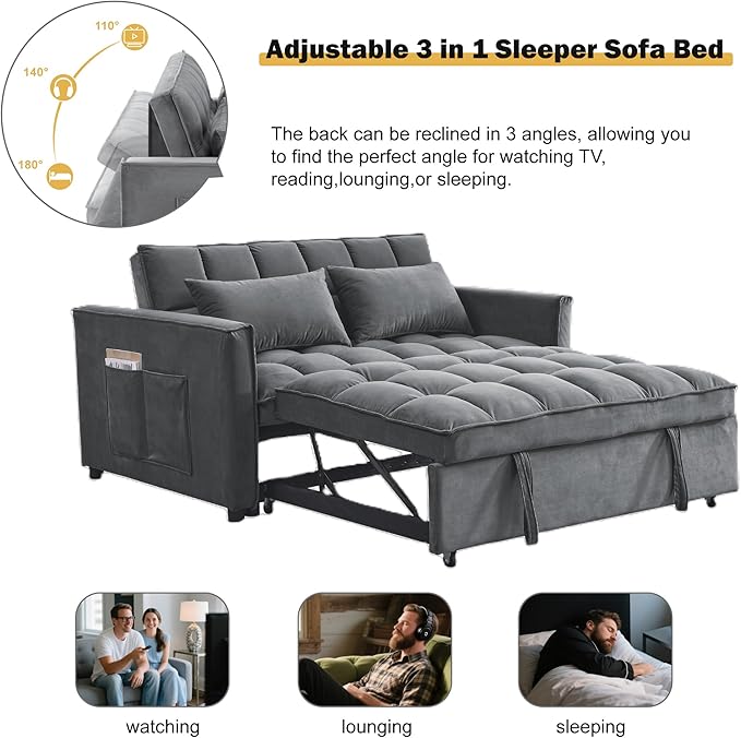 3 in1 Sofa Bed, Pull-Out Sleeper Sofa Bed with 3-Level Adjustable Backrest, Velvet Fabric Convertible Love Seat Sleepers Beds for Living Room & Bedroom & Apartment, Grey