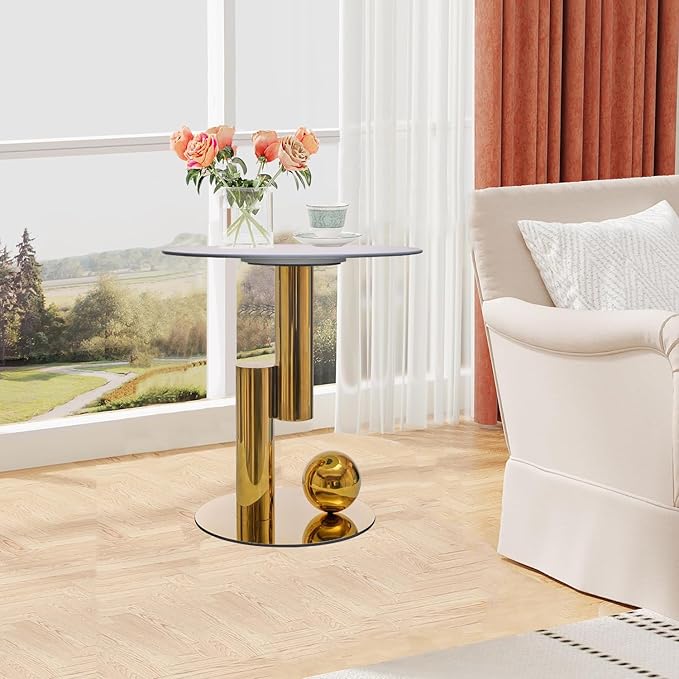 White Gold Round Side Table, 19.7" Faux Marble Sofa End Table, Modern Nightstand, Small Accent Table with Stainless Steel Ball/Cylindrical Frame, for Living Bedroom Office (Gold, 50cm/19.7")