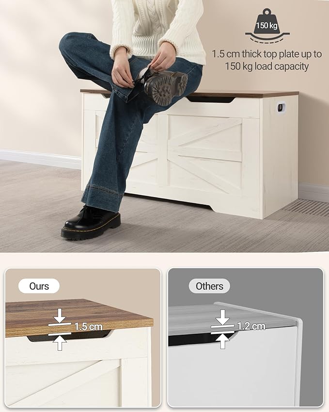 39.4" Storage Chest, Extra Large Storage Trunk with 2 Safety Hinges, Wooden Box Bench, Lift-Top Organizer Chest, Shoe Bench for Entryway, Bedroom, Living Room, White and Brown SB03414X