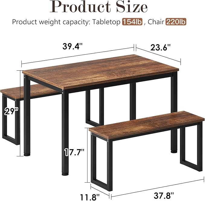 soges 39.4 in Kitchen Table Set with 2 Benches, Dining Table Set for 4, 3 Piece Wooden Industrial Style Dining Room Table and Long Benches, Breakfast Table Coffee Table Set, Retro