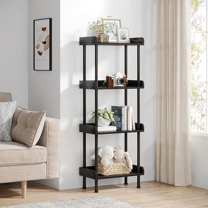 Hosfais Small Wooden Bookcase, 4-Tier Black Rustic Etagere Bookshelf for Living Room & Bedroom, Storage Organizer