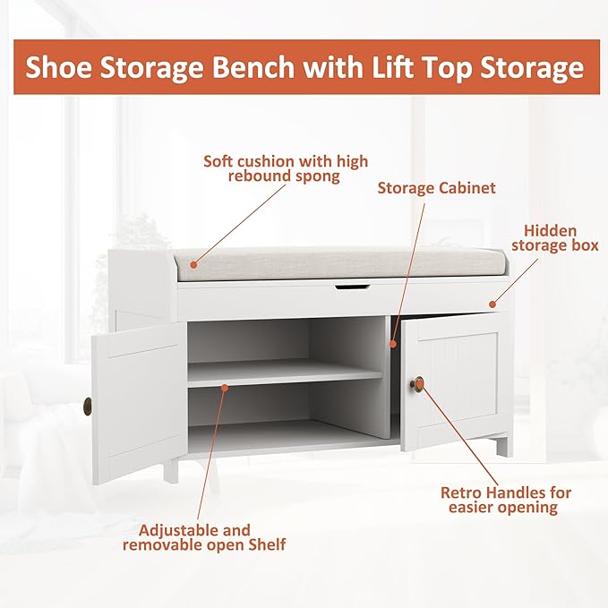 HOMEFORT 30" Shoe Bench with Lift Top Storage, Entryway Bench with Cushioned Seat, Wooden End of Bed Bench, Shoe Cabinet Bench with Hidden Storage Space, for Bedroom, Hallway,White