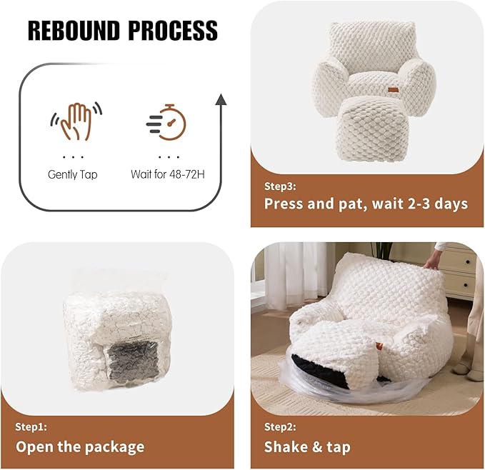 Bedroom Bean Bags Chair with Foot Stool, Comfy Reading Chair with Filler, Soft Faux Fur Pink Bean Bag Chair Lazy Beanbag Chairs for Adults, Gaming Bean Bag Chair
