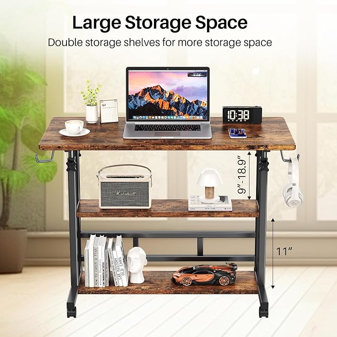 Adjustable Height Standing Desk, Rolling Stand Up Desk with Storage Shelves, 31.5" Small Mobile Computer Desk, Portable Laptop Table (Simple Brown)