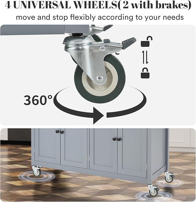Rovibek Large Kitchen Island on Wheels with Storage 54 in Width Mobile Moveable Portable Rolling Wood Islandfor Kitchen Dining Room with Drawers Cabinet Spice Rack Towel Rack