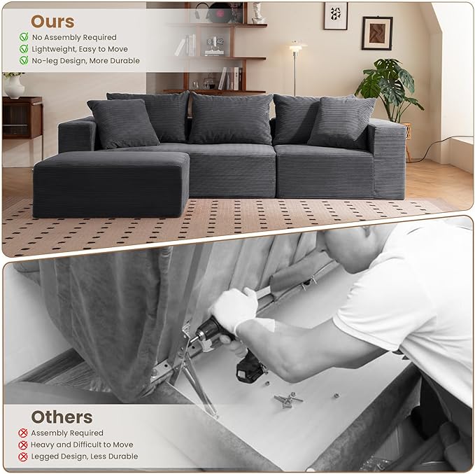 Modular Sectional Sofa, 108" L-Shaped Boneless Couch with Deep Seat, Corduroy Cloud Couch for Living Room, Bedroom, No Assembly Required, Ship in a Box, Grey