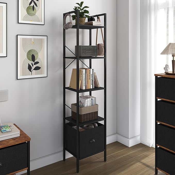 Generic 5 Tier Bookshelves,Tall Narrow Bookcases with Shelves, Bookcase Storage Organizer,Industrial Bookshelf with Drawer,Display Shelves Bookcases for Living Room, Bedroom,Kitchen and Office,Black