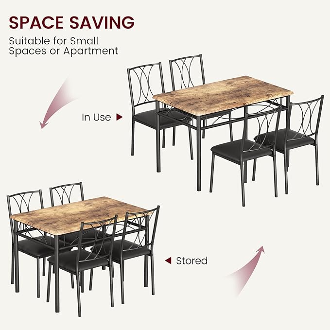 CABIHOME Dining Table Set, 5 Piece Dining Table Set for 4, Rectangle Kitchen Table Set with 4 Upholstered Chairs for Small Space, Apartment, Retro Brown