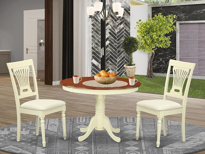 East West Furniture HLPL3-BMK-C 3 Piece Dining Room Furniture Set Contains a Round Kitchen Table with Pedestal and 2 Linen Fabric Upholstered Dining Chairs, 42x42 Inch, Buttermilk & Cherry