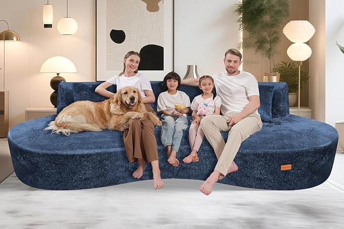Homguava 104'' Modular Sectional Sofa,Curved Modern Sofa with Memory Foam,Deep Seat Cloud Couch with 4 Pillows,Upholstered Oversized Couches for Living Room Apartment Office,No Assembly Required, Blue
