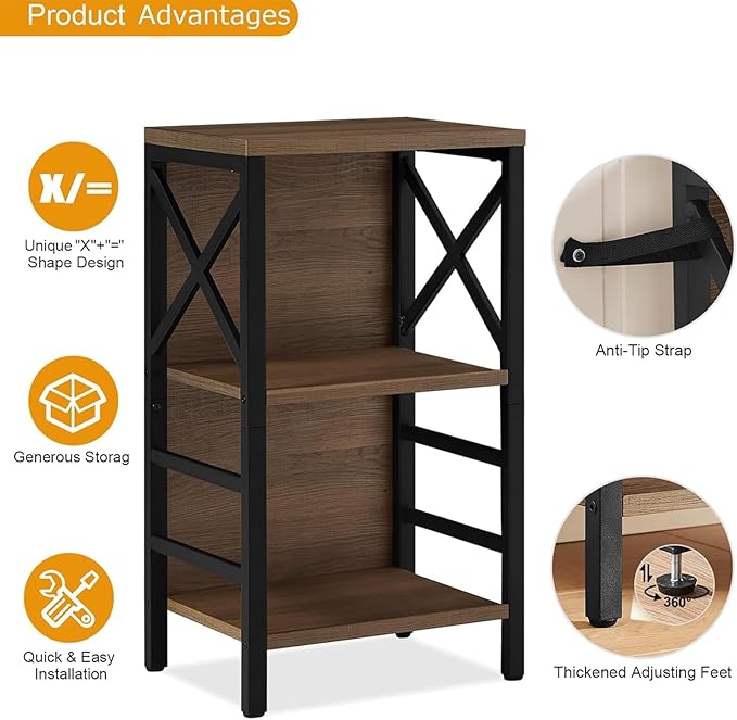 Small Bookshelf,3 Tier Industrial Bookcase with Metal Frame and Backboard,Low Rustic Brown Book Shelf,Book case for Small Spaces,Living Room,Bedroom and Home Office