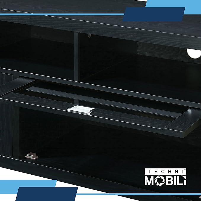 Techni Mobili TV Stand for 55+ Inch TV - Durbin Entertainment Center for 65 Inch TV - Living Room & Media Furniture with Glass Storage Cabinet Drawers, Shelves, & Cable Management Opening - Black