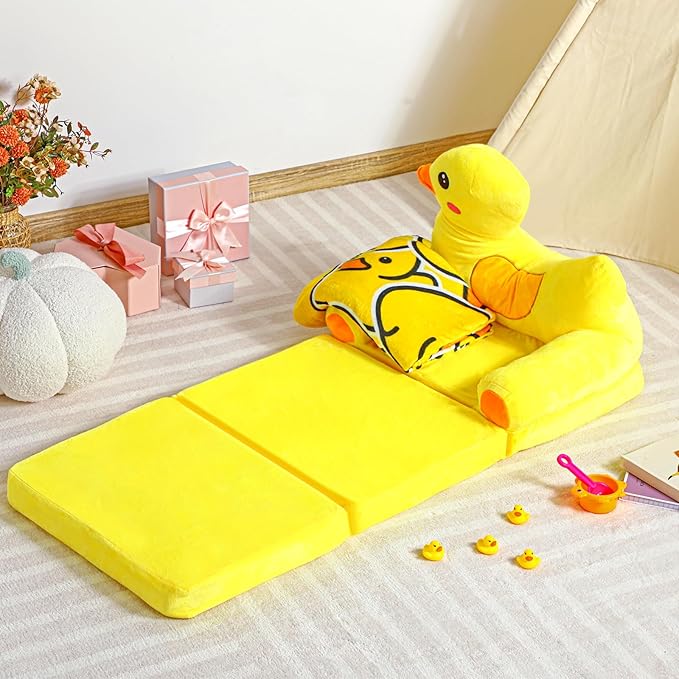 Duck Kids Couch Fold Out 2-in-1 Toddler Sofa Fold Out with Blanket, Soft Toddler Chair Comfy for Boys Girls Baby, Convertible Sofa to Lounger for Napping Reading Playing Christmas, Yellow