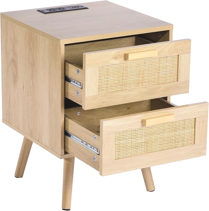 VEVOR Rattan Nightstand, Boho Bedside Table with 2 Drawers, End Table Nightstand with Solid Wood Legs, Rattan Bedside Table with Charging Station, for Bedroom