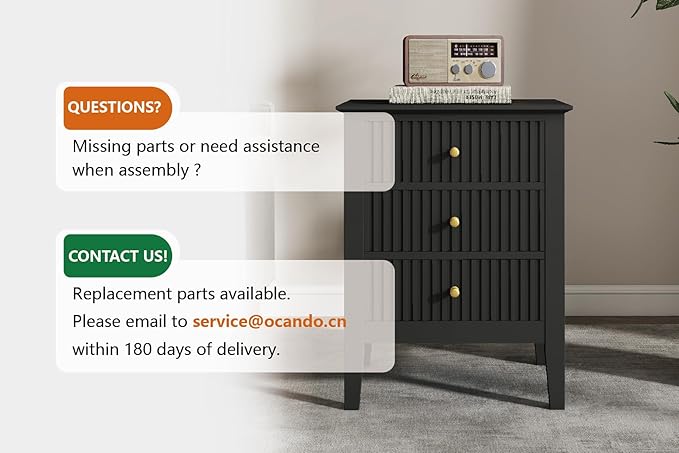 OCANDO Fluted Black Nightstand 19", 3 Drawers Night Stand, Bed Side End Table for Small Living Room, Modern Bedroom Storage Cabinet