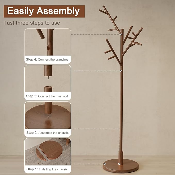 Coat Rack,Solid Wood Coat Rack Freestanding with 12 Hooks,Coat tree freestanding 3 Adjustable Heights for coat, Hats, Handbags,Coat Stand for Entryway,Bedroom (Walnut)